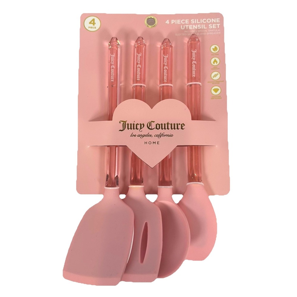Juicy Couture Pink Silicone Kitchen Utensil Set 4pc Gem Handle Spatula Spoon New